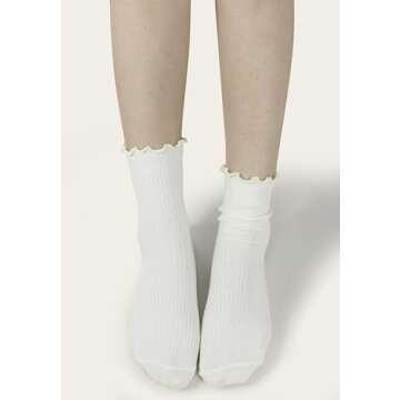 BomKinta Ruffle Socks Women Lightweight Cotton Socks Turn-Cuff Frilly Sock Casual Above Ankle Socks Black Coffee Cream Khaki Brown White 6 Pairs Size 5-10