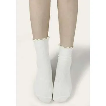 BomKinta Ruffle Socks Women Lightweight Cotton Socks Turn-Cuff Frilly Sock Casual Above Ankle Socks Black Coffee Cream Khaki Brown White 6 Pairs Size 5-10