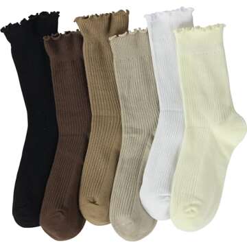 BomKinta Ruffle Socks Women Lightweight Cotton Socks Turn-Cuff Frilly Sock Casual Above Ankle Socks Black Coffee Cream Khaki Brown White 6 Pairs Size 5-10