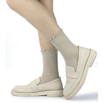 BomKinta Ruffle Socks Women Lightweight Cotton Socks Turn-Cuff Frilly Sock Casual Above Ankle Socks Black Coffee Cream Khaki Brown White 6 Pairs Size 5-10
