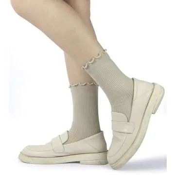 BomKinta Ruffle Socks Women Lightweight Cotton Socks Turn-Cuff Frilly Sock Casual Above Ankle Socks Black Coffee Cream Khaki Brown White 6 Pairs Size 5-10