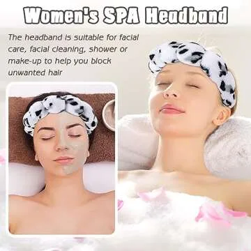 Zkptops Spa Headband for Washing Face Wristband Set Sponge Makeup Skincare Headband Wrist Plush Bubble Get Ready Hairband for Women Puffy Headwear Non Slip Thick Thin Hair Accessory(White Leopard)