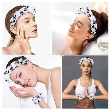 Zkptops Spa Headband for Washing Face Wristband Set Sponge Makeup Skincare Headband Wrist Plush Bubble Get Ready Hairband for Women Puffy Headwear Non Slip Thick Thin Hair Accessory(White Leopard)