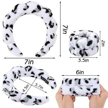 Zkptops Spa Headband for Washing Face Wristband Set Sponge Makeup Skincare Headband Wrist Plush Bubble Get Ready Hairband for Women Puffy Headwear Non Slip Thick Thin Hair Accessory(White Leopard)