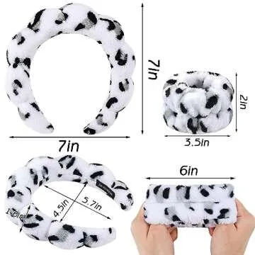 Zkptops Spa Headband for Washing Face Wristband Set Sponge Makeup Skincare Headband Wrist Plush Bubble Get Ready Hairband for Women Puffy Headwear Non Slip Thick Thin Hair Accessory(White Leopard)