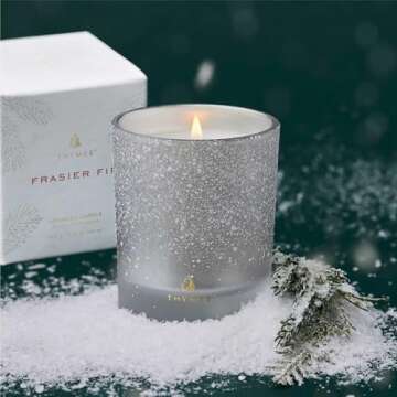 Thymes Frasier Fir Flocked Jar Candles – Holiday Scented Candles for Home with Notes of Crisp Sibe...