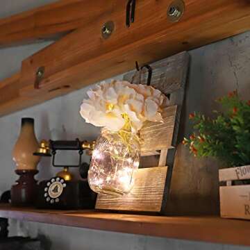 HOMKO Mason Jar Wall Decor with 6-Hour Timer LED Lights and Flowers - Rustic Home Decor (Set of 2)