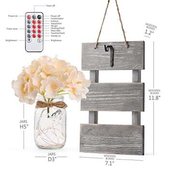 HOMKO Mason Jar Wall Decor with 6-Hour Timer LED Lights and Flowers - Rustic Home Decor (Set of 2)