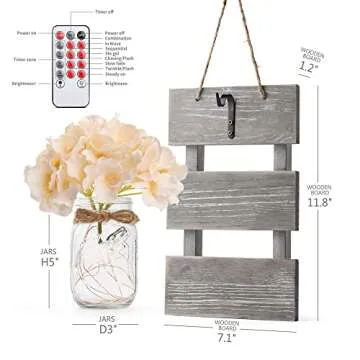 HOMKO Mason Jar Wall Decor with 6-Hour Timer LED Lights and Flowers - Rustic Home Decor (Set of 2)