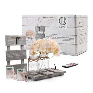 HOMKO Mason Jar Wall Decor with 6-Hour Timer LED Lights and Flowers - Rustic Home Decor (Set of 2)