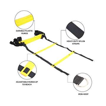 Alich fitness 20 feet Speed Training Agility Ladder Carry Bag 12 Heavy Duty Adjustable Yellow Rung 1...
