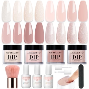 AZUREBEAUTY Dip Powder Nail Kit Starter, All Season Nude Skin Glitter 4 Colors Dipping Powder Liquid...