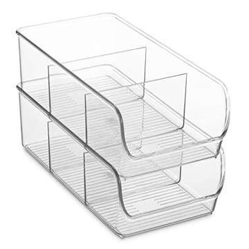 Set Of 4 Food Storage Organizer Bins - Divided 3 Compartment Kitchen Pantry Fridge Organizers for Food Packets, Seasoning, Spices, Sauce Packets, Pouches, Snacks - Clear Plastic Storage Rack