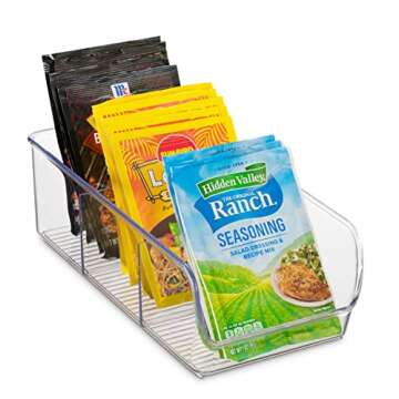Set Of 4 Food Storage Organizer Bins - Divided 3 Compartment Kitchen Pantry Fridge Organizers for Food Packets, Seasoning, Spices, Sauce Packets, Pouches, Snacks - Clear Plastic Storage Rack