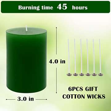 Amusaer 3x4 Inch Pillar Candles 6 Packs Unscented Dripless Smokeless Green Candles for Home, Party (45 Hours), 3x4 Inch (Pack of 6)