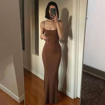 ABYOVRT Women Sexy Bodycon Maxi Dress Sleeveless Solid Color Slip Dress Elegant Long Cami Dresses Evening Party (X-Large, A-Brown)