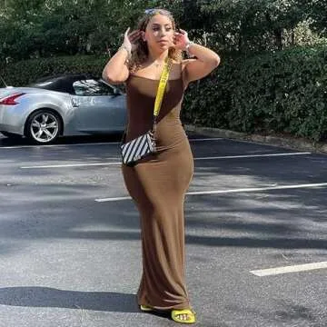 ABYOVRT Women Sexy Bodycon Maxi Dress Sleeveless Solid Color Slip Dress Elegant Long Cami Dresses Evening Party (X-Large, A-Brown)