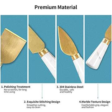 Funland 14 PCs Gold Cheese Knife Set, Marble Cheese Spreaders Knife Butter Slicer with Mini Serving ...