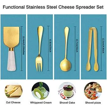Funland 14 PCs Gold Cheese Knife Set, Marble Cheese Spreaders Knife Butter Slicer with Mini Serving Tongs Spoons and Fruit Forks for Charcuterie Board Accessories