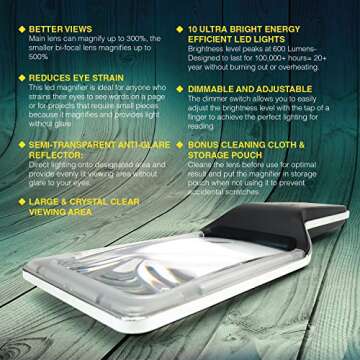 MagniPros See Things Differently 3X with 5X Zoom Magnifying Glass, 10 Anti Glare & Dimmable LEDs -Ease Strain Eyes, Evenly Lit Viewing Area for Reading, Low Vision, Seniors, Macular Degeneration