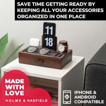 Holme & Hadfield Premium Wooden Phone Docking Station with Drawer – Nightstand Organizer for Charging Phone & Earbuds – Declutter Your Space with Felt-Lined Protection & Watch Pillar - Gift For Men