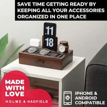 Holme & Hadfield Premium Wooden Phone Docking Station with Drawer – Nightstand Organizer for Charging Phone & Earbuds – Declutter Your Space with Felt-Lined Protection & Watch Pillar - Gift For Men