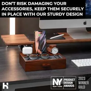 Holme & Hadfield Premium Wooden Phone Docking Station with Drawer – Nightstand Organizer for Charging Phone & Earbuds – Declutter Your Space with Felt-Lined Protection & Watch Pillar - Gift For Men