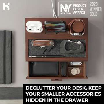 Holme & Hadfield Premium Wooden Phone Docking Station with Drawer – Nightstand Organizer for Charging Phone & Earbuds – Declutter Your Space with Felt-Lined Protection & Watch Pillar - Gift For Men