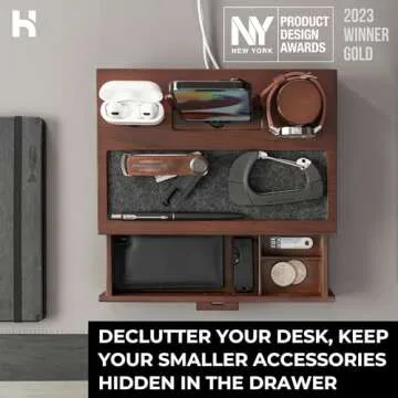 Holme & Hadfield Premium Wooden Phone Docking Station with Drawer – Nightstand Organizer for Charging Phone & Earbuds – Declutter Your Space with Felt-Lined Protection & Watch Pillar - Gift For Men