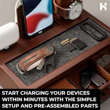 Holme & Hadfield Premium Wooden Phone Docking Station with Drawer – Nightstand Organizer for Charging Phone & Earbuds – Declutter Your Space with Felt-Lined Protection & Watch Pillar - Gift For Men