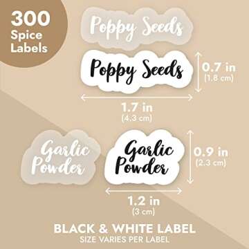 Talented Kitchen 300 Preprinted Black & White Cursive Font Spice Jar Labels - Clear Spice Labels for Seasoning, Herbs & Kitchen Rack Organization,