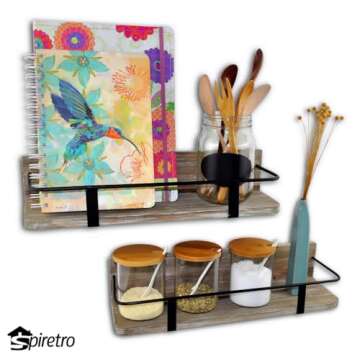 Spiretro Floating RV Shelves - Rustic Wood with Metal Rail - Bathroom, Living Room, Bedroom, Kitchen, Closet - Set of 2 (Large & Small), Grey