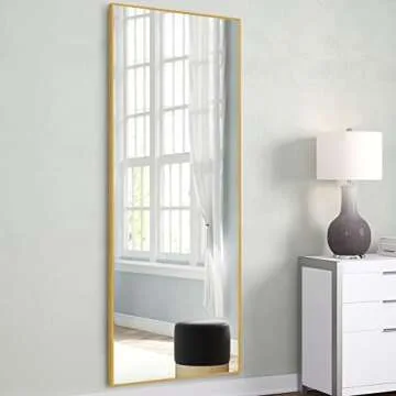 MAYEERTY Full Length Mirror 64"x21" Floor Mirror with Stand Standing Mirror Large Mirror for Bedroom Aluminum Alloy Thin Frame Wall Mirror Standin/Leaning/Hanging Mirror, Gold (JJ00362ZZE-USAM027)
