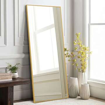 MAYEERTY Full Length Mirror 64"x21" Floor Mirror with Stand Standing Mirror Large Mirror for Bedroom Aluminum Alloy Thin Frame Wall Mirror Standin/Leaning/Hanging Mirror, Gold (JJ00362ZZE-USAM027)