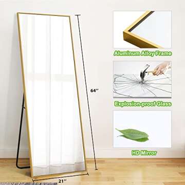 MAYEERTY Full Length Mirror 64"x21" Floor Mirror with Stand Standing Mirror Large Mirror for Bedroom Aluminum Alloy Thin Frame Wall Mirror Standin/Leaning/Hanging Mirror, Gold (JJ00362ZZE-USAM027)