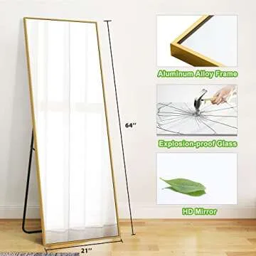 MAYEERTY Full Length Mirror 64"x21" Floor Mirror with Stand Standing Mirror Large Mirror for Bedroom Aluminum Alloy Thin Frame Wall Mirror Standin/Leaning/Hanging Mirror, Gold (JJ00362ZZE-USAM027)