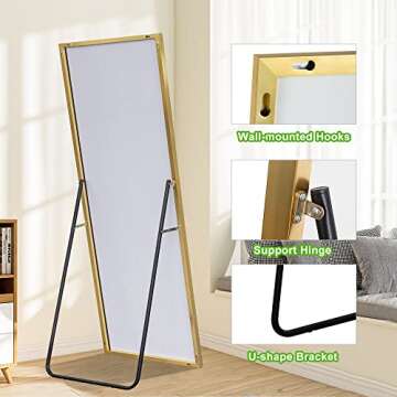 MAYEERTY Full Length Mirror 64"x21" Floor Mirror with Stand Standing Mirror Large Mirror for Bedroom Aluminum Alloy Thin Frame Wall Mirror Standin/Leaning/Hanging Mirror, Gold (JJ00362ZZE-USAM027)