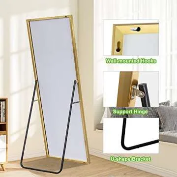 MAYEERTY Full Length Mirror 64"x21" Floor Mirror with Stand Standing Mirror Large Mirror for Bedroom Aluminum Alloy Thin Frame Wall Mirror Standin/Leaning/Hanging Mirror, Gold (JJ00362ZZE-USAM027)