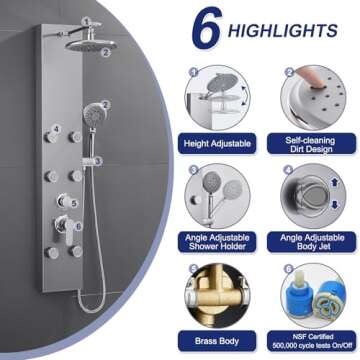 ROVATE Shower Panel Tower System 304 Stainless Steel, Shower Panels System with Adjustable Rainfall ...