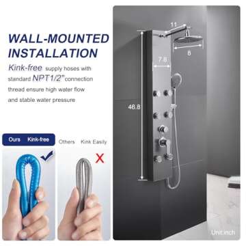 ROVATE Shower Panel Tower System 304 Stainless Steel, Shower Panels System with Adjustable Rainfall Shower Head, 6 Body Massage Jets and 5 Functions Handheld Shower, Brushed Stainless Steel