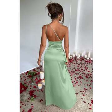 Memoriesea Women's Sexy One Shoulder Satin High Split Cocktail Wedding Party Maxi Dress Sage