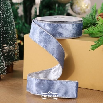 DINDOSAL Dusty Blue Velvet Wired Ribbon for Christmas Decor