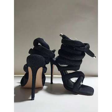 perixir Strappy High Heels Gladiator Sandals With Grey Jersey Knit Fallopian Cloth Rope Lace Up Sexy Open Toe Square Stilettos Tie Up Heeled Sandals For Women US Size 6-13