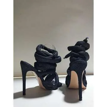 perixir Strappy High Heels Gladiator Sandals With Grey Jersey Knit Fallopian Cloth Rope Lace Up Sexy Open Toe Square Stilettos Tie Up Heeled Sandals For Women US Size 6-13