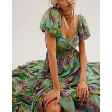 Women Spring Dresses Flowy Smocked Maxi Dress Puff Sleeve Sweetheart Y2K Floral Boho Summer Sundresses, Green, Small