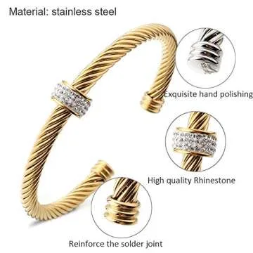 Dorriss Cable Cuff Bracelets, Twisted Wire Composite Bracelet Bangles, Stainless Steel Adjustable Elegant Antique Jewelry with Rhinestone for Women