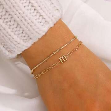 M MOOHAM Gold Bracelet for Women - Initial Bracelets for Women, Letter Bracelets for Women Trendy Da...