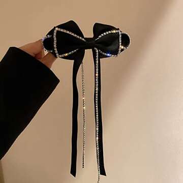 Chargances Black Crystal Hair Bow Knot Clips Velvet Tassle Barrette for Women and Girls Hair Accessories for Birthday Daily Wear and Holiday Gift