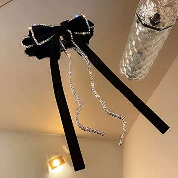 Chargances Black Crystal Hair Bow Knot Clips Velvet Tassle Barrette for Women and Girls Hair Accessories for Birthday Daily Wear and Holiday Gift