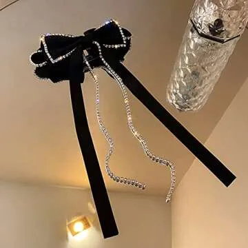 Chargances Black Crystal Hair Bow Knot Clips Velvet Tassle Barrette for Women and Girls Hair Accessories for Birthday Daily Wear and Holiday Gift
